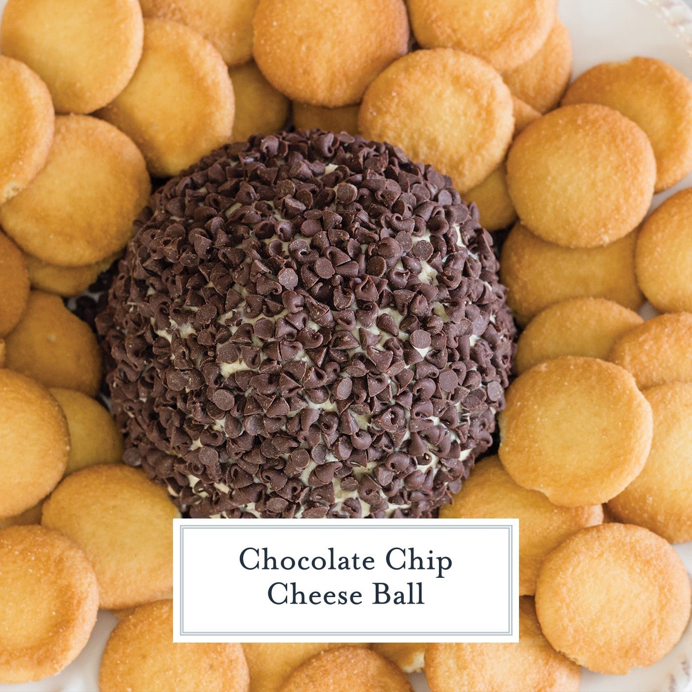 overhead shot of chocolate chip cheese ball with text overlay for facebook