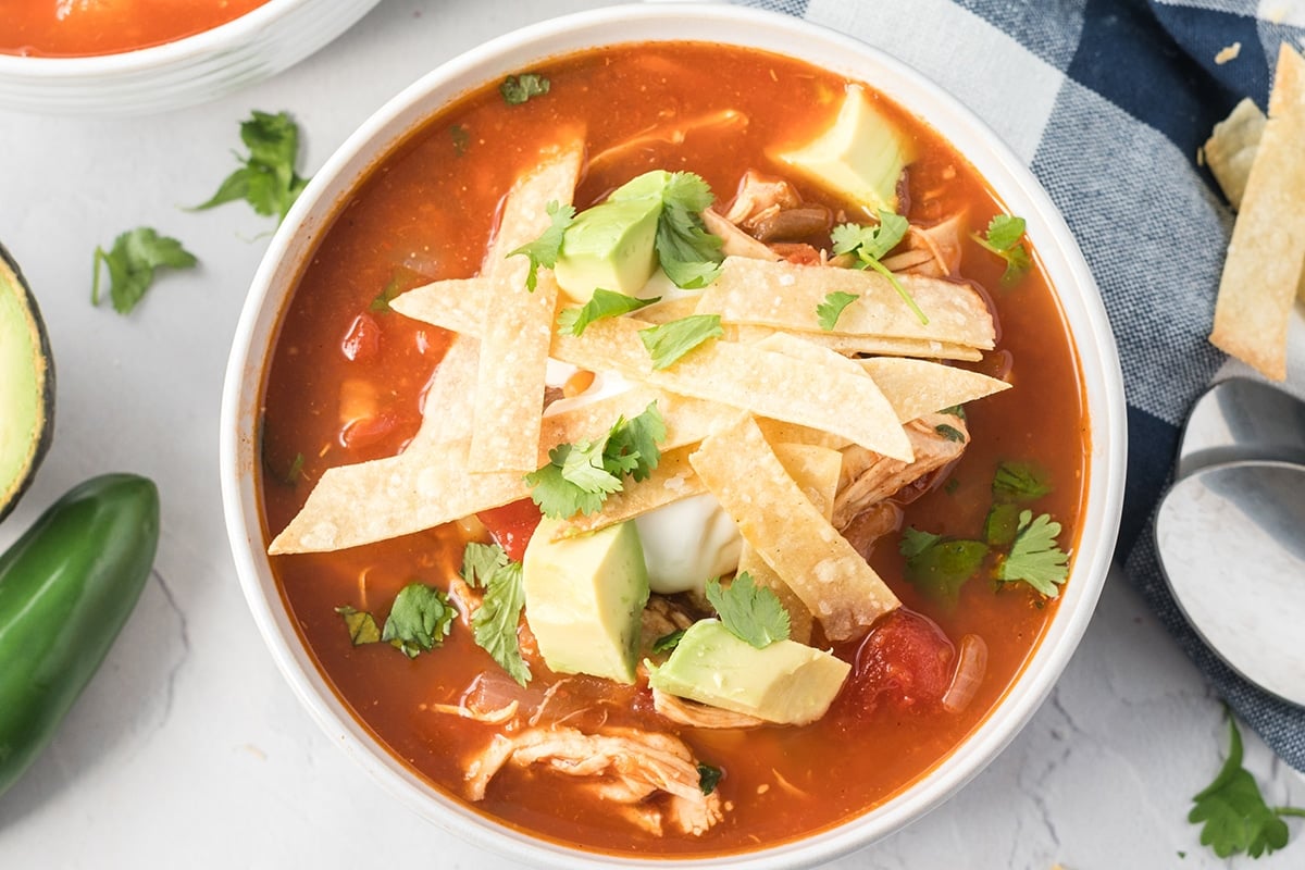 overhead close up of homemade chicken tortilla soup recipe