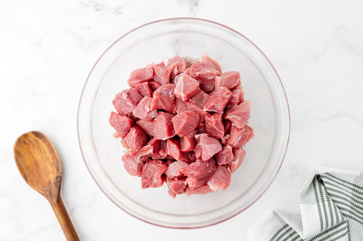 raw pork cubes in a bowl