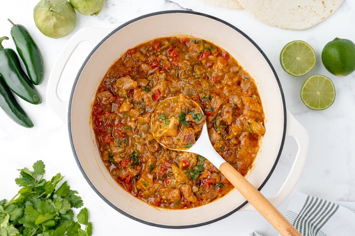 overhead shot of ladle in pot of chili verde