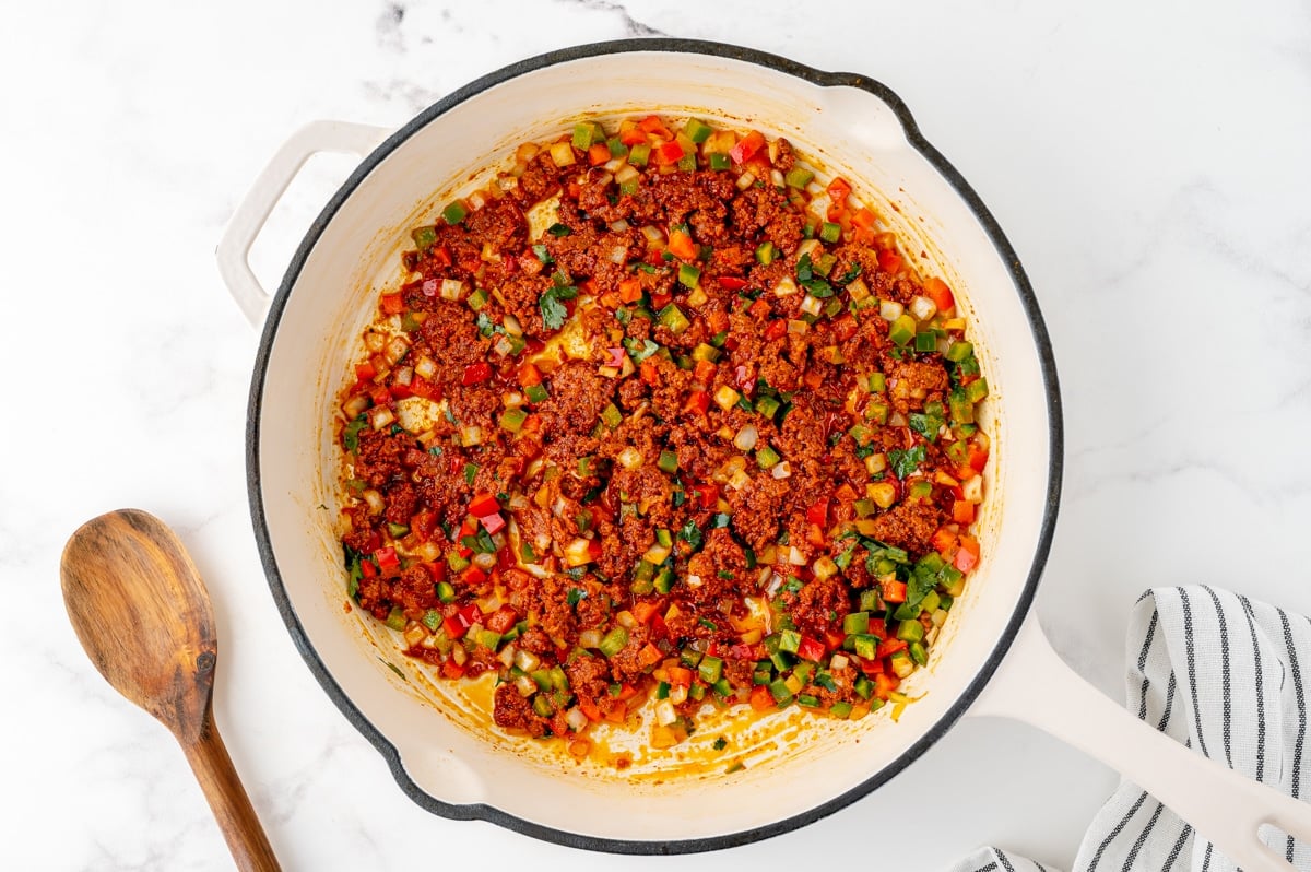 chorizo and veggies sauteing in pan