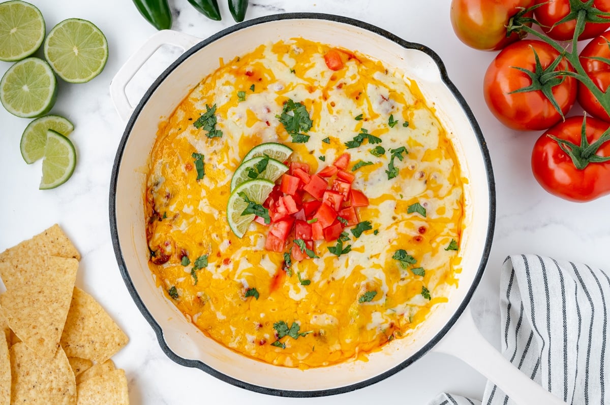 overhead shot of chorizo queso fundido in skillet