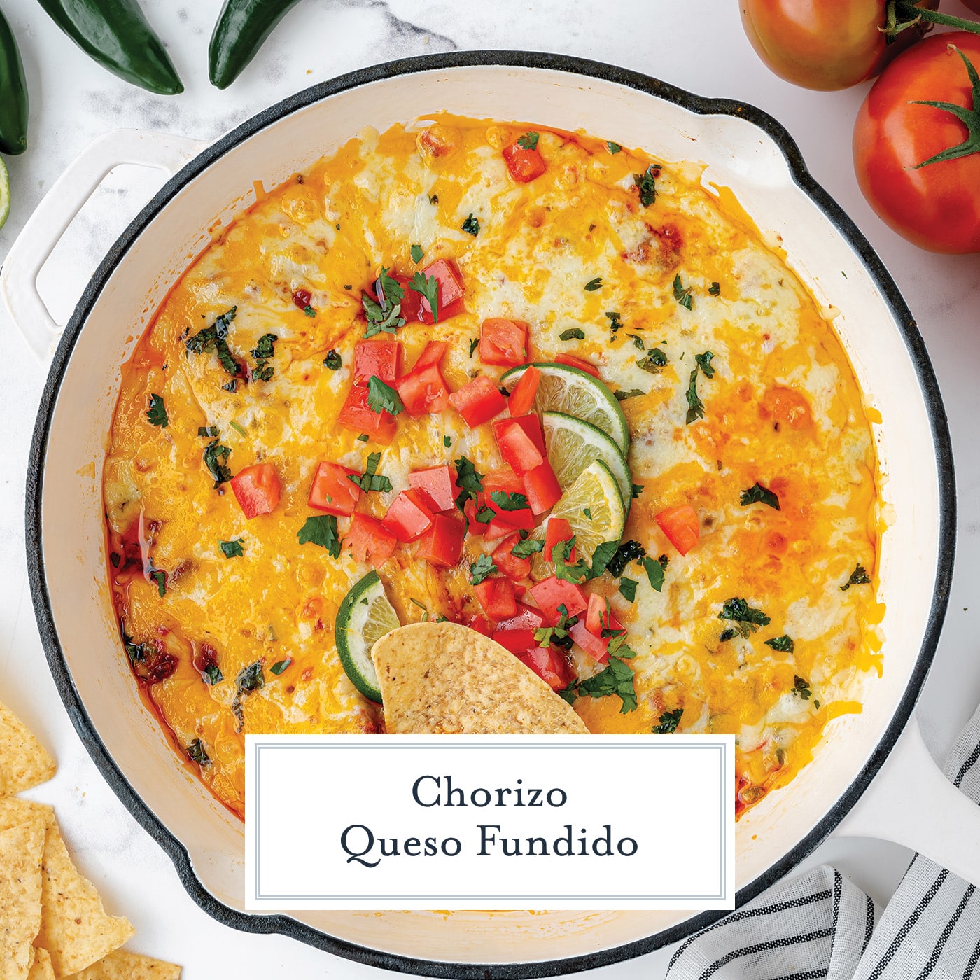 overhead shot of chorizo queso fundido with text overlay for facebook