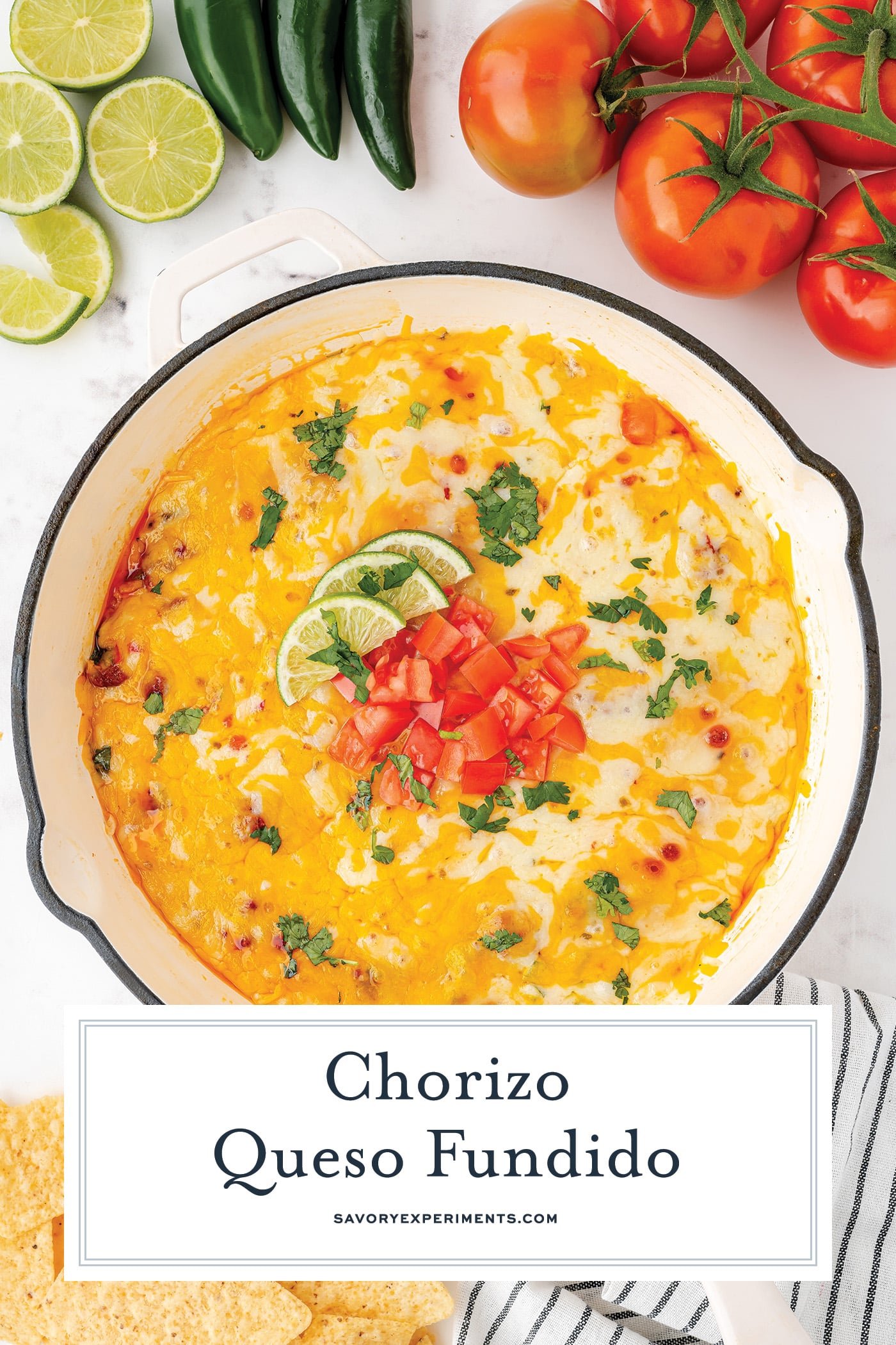 overhead shot of queso fundido with text overlay for pinterest