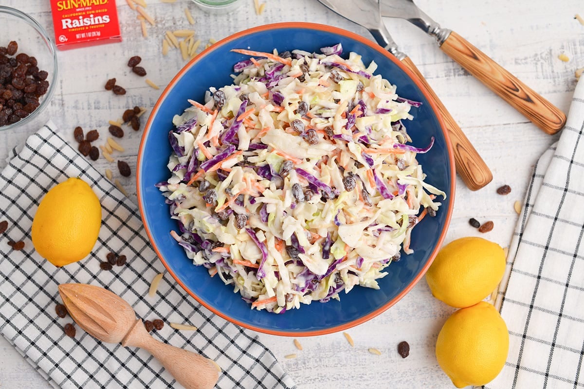 overhead shot of bowl of creamy coleslaw