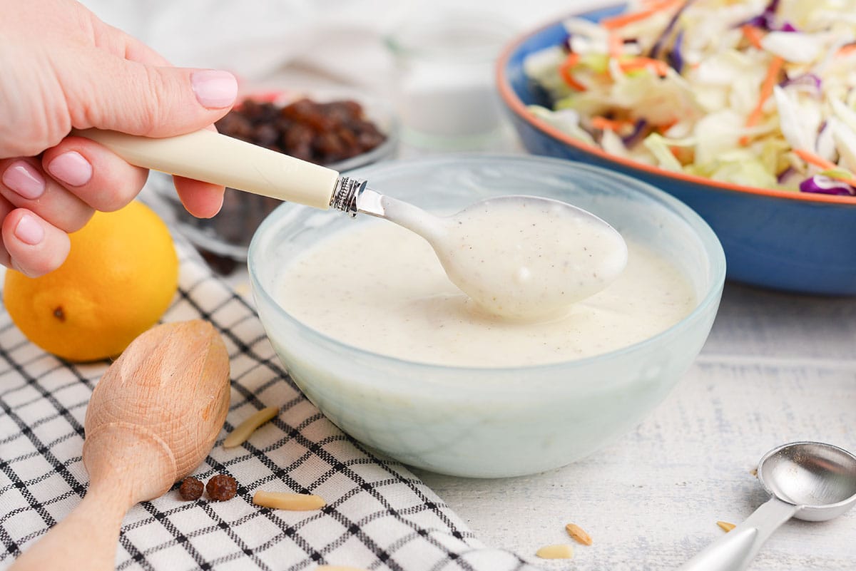 spoon in bowl of creamy coleslaw dressing