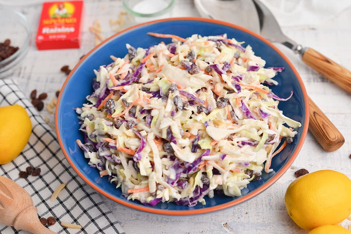 angled shot of bowl of creamy coleslaw