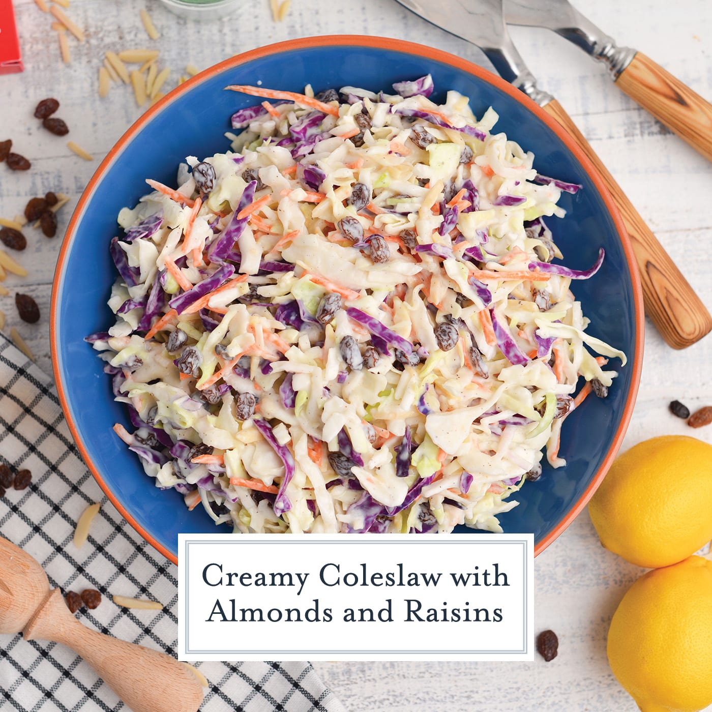 overhead shot of bowl of creamy coleslaw with text overlay for facebook