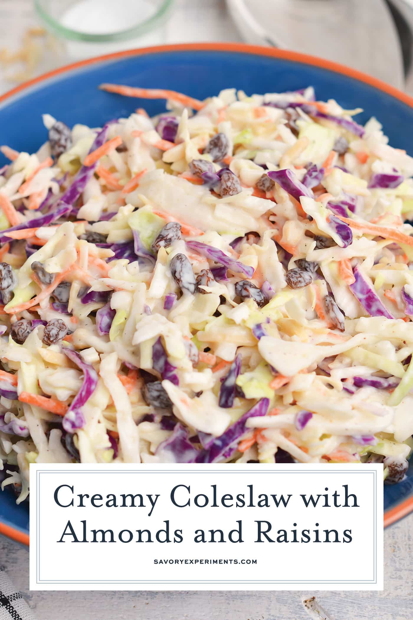 angled shot of bowl of coleslaw with text overlay for pinterest