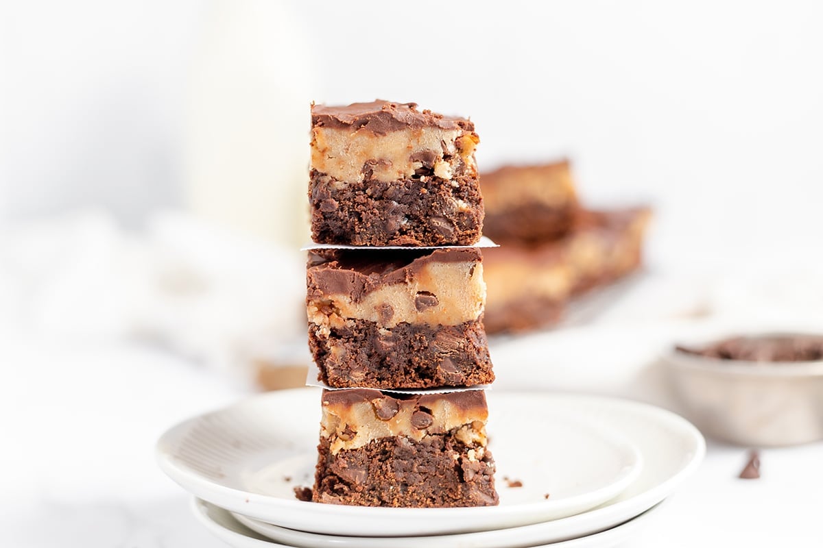 straight on shot of stack of three brownies