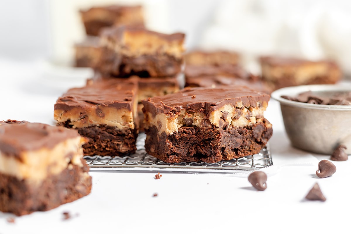 bite taken out of brownie on cooling rack