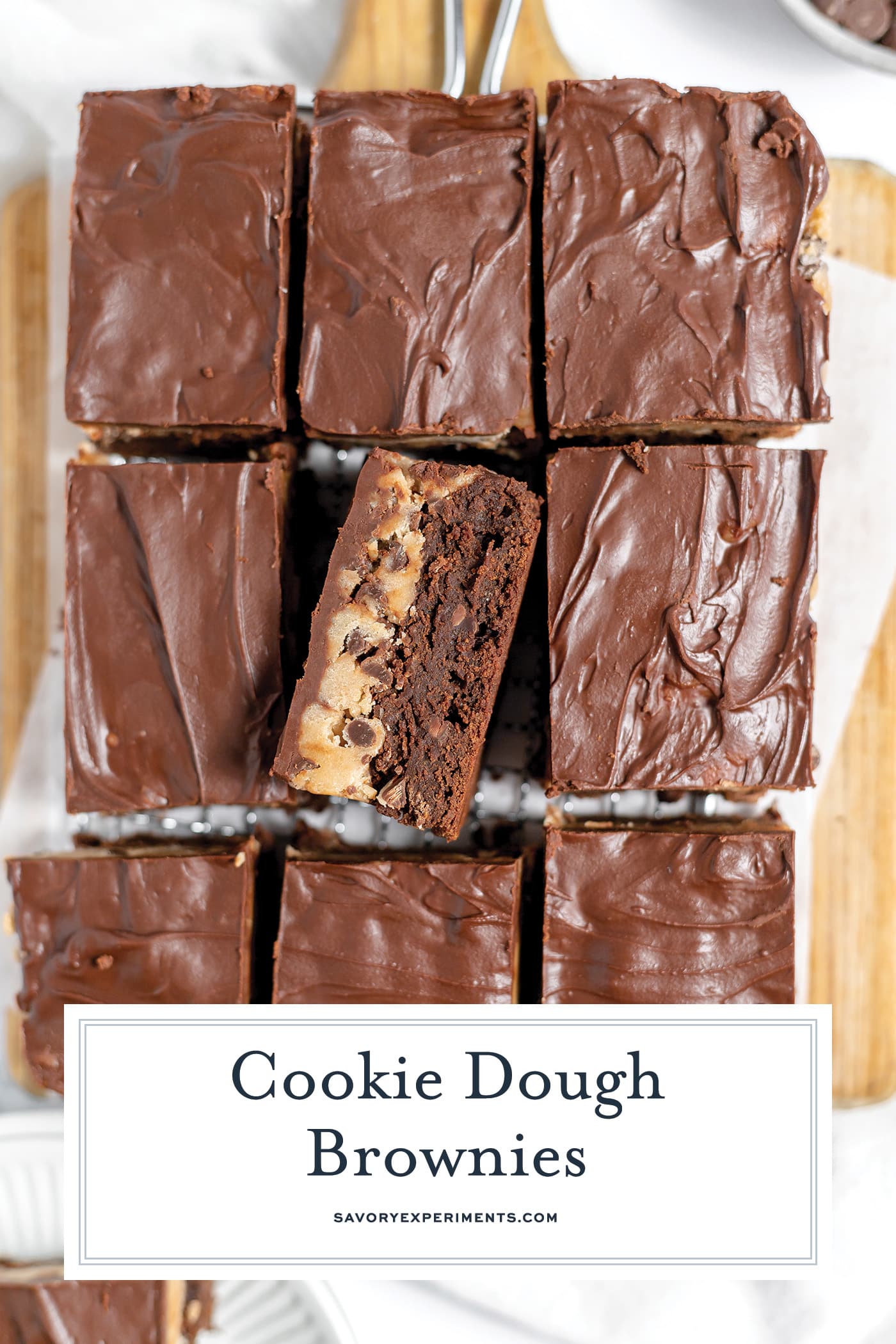 overhead shot of sliced cookie dough brownies with text overlay for pinterest