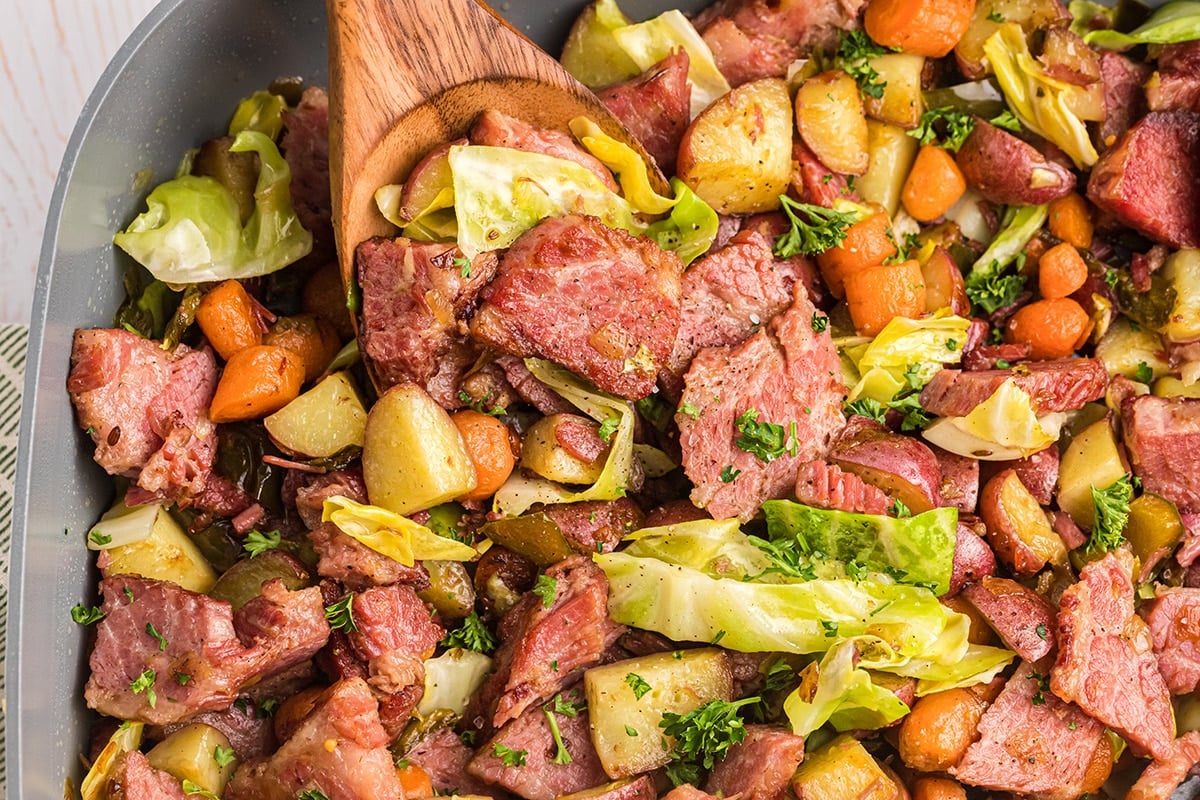 corned beef and cabbage in a pan