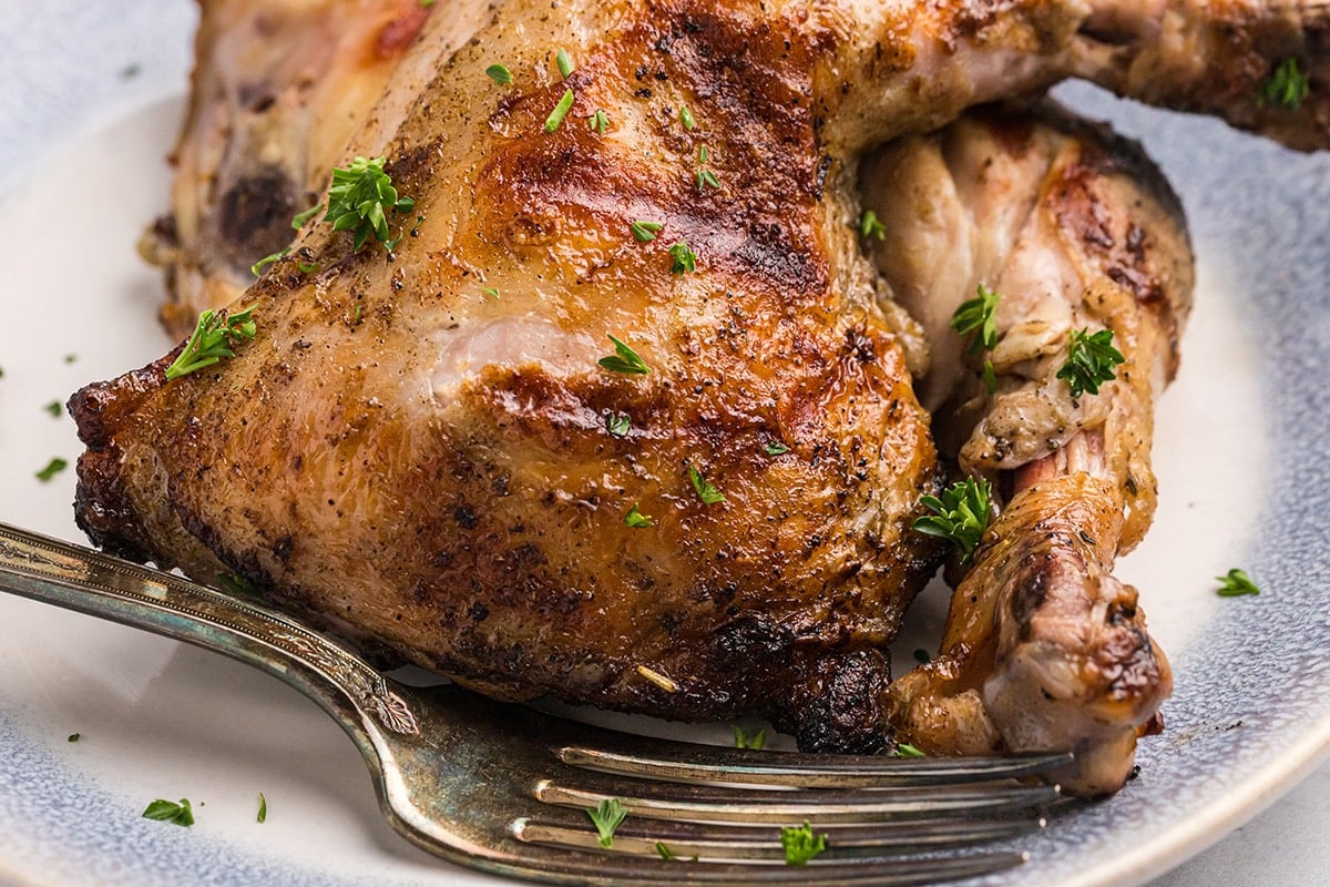 close up of piece of chicken on a plate with a fork