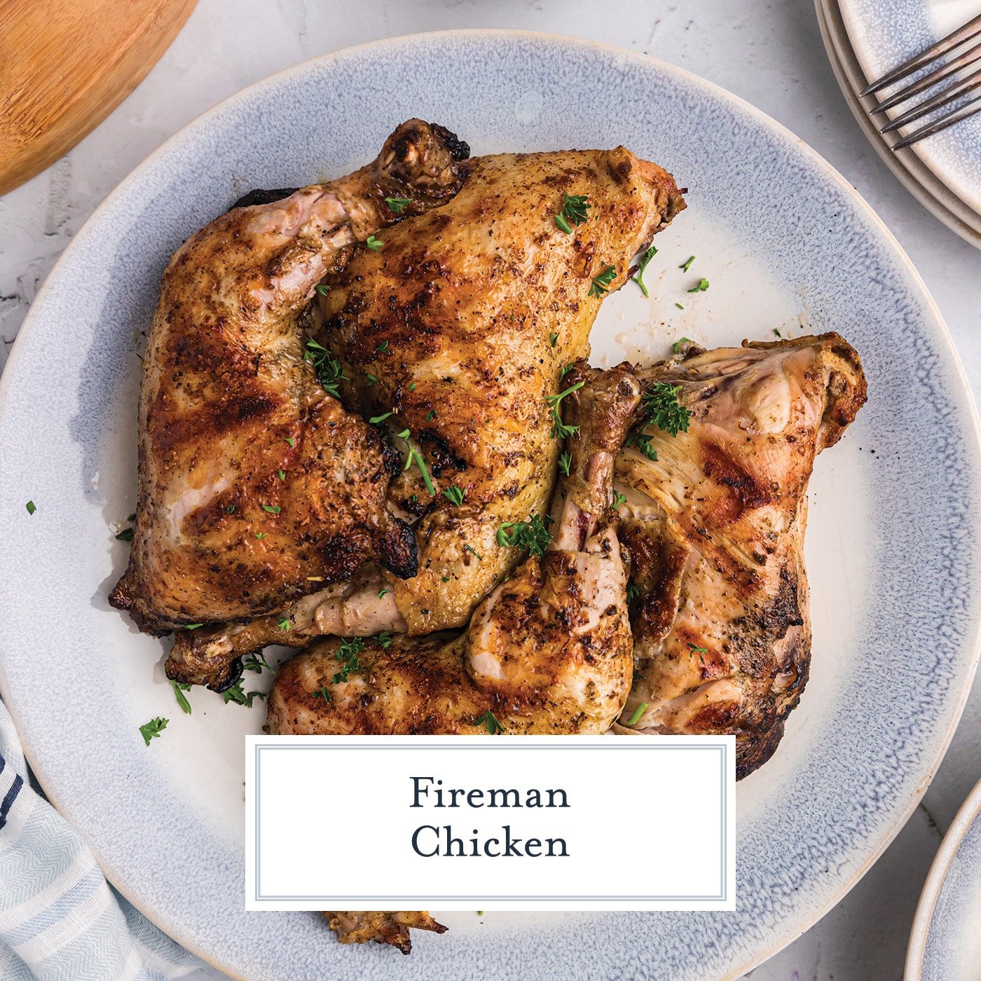 overhead shot of plate of fireman chicken with text overlay for facebook