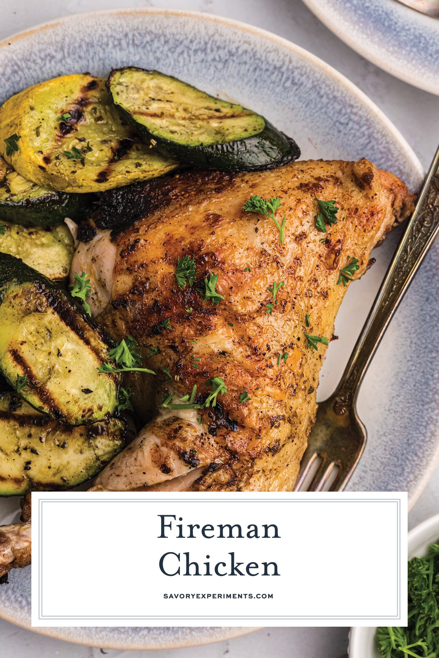 fireman chicken on plate with zucchini with text overlay for pinterest