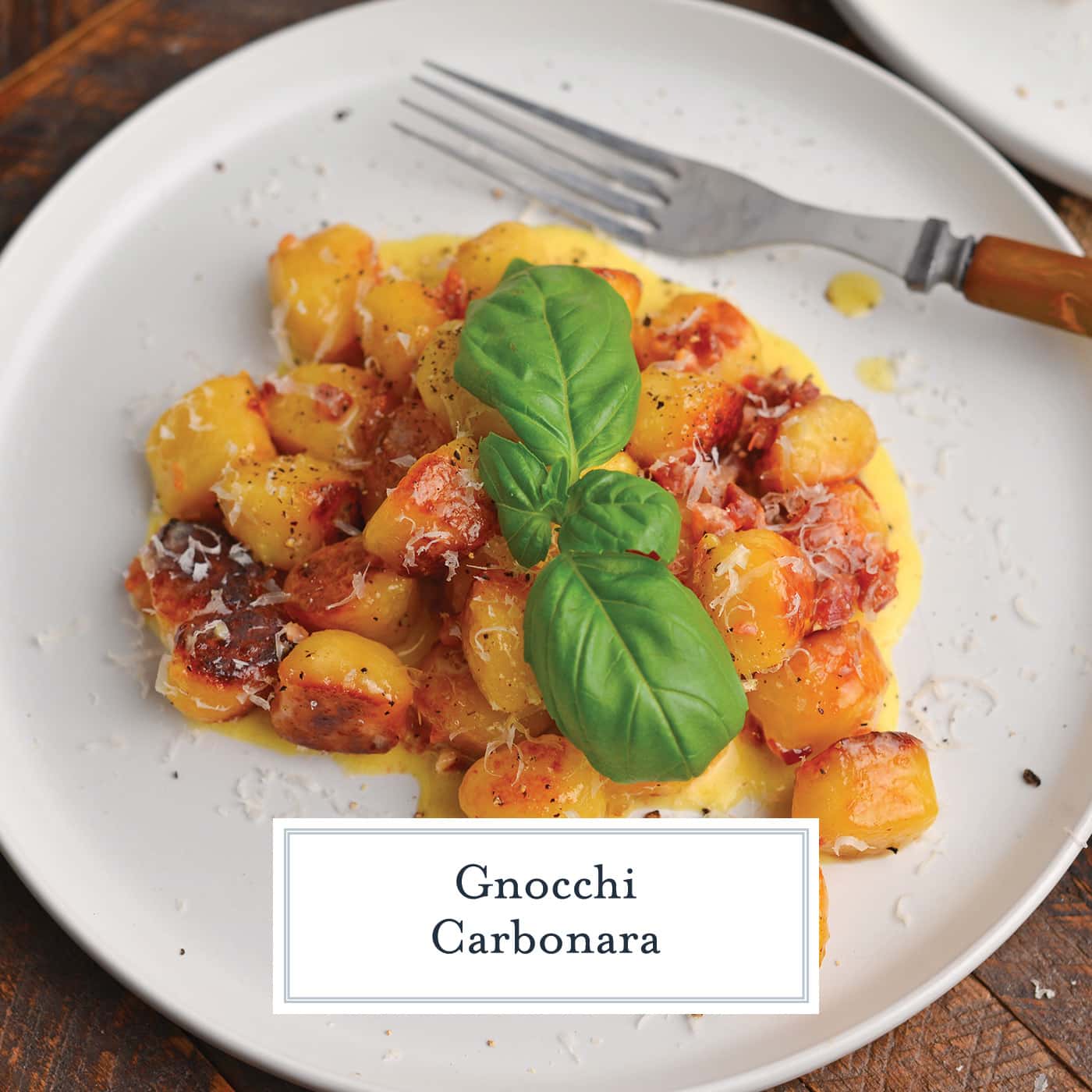 gnocchi carbonara on a white plate with text overlay for facebook