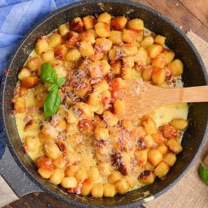 overhead shot of gnocchi carbonara in pan