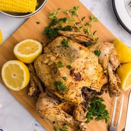 overhead shot of instant pot whole chicken on cutting board