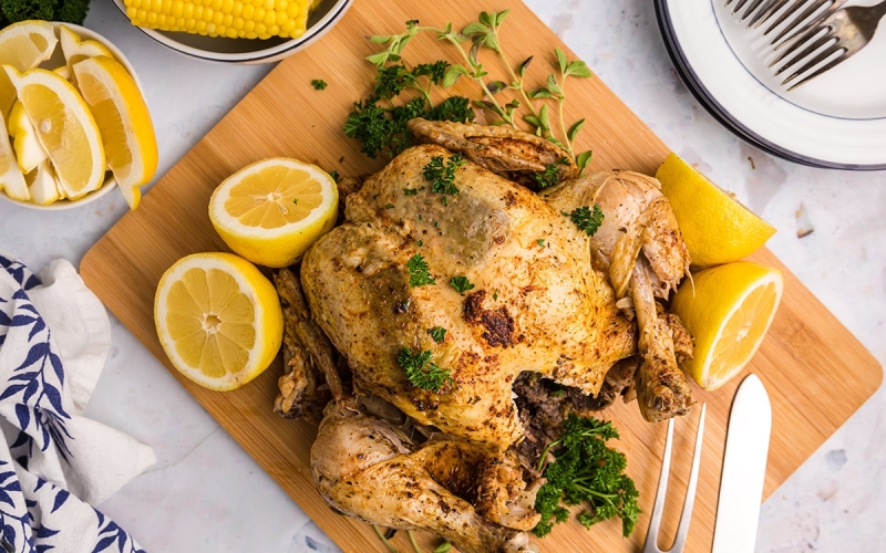 overhead shot of instant pot whole chicken on cutting board