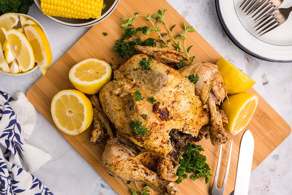 overhead shot of instant pot whole chicken on cutting board