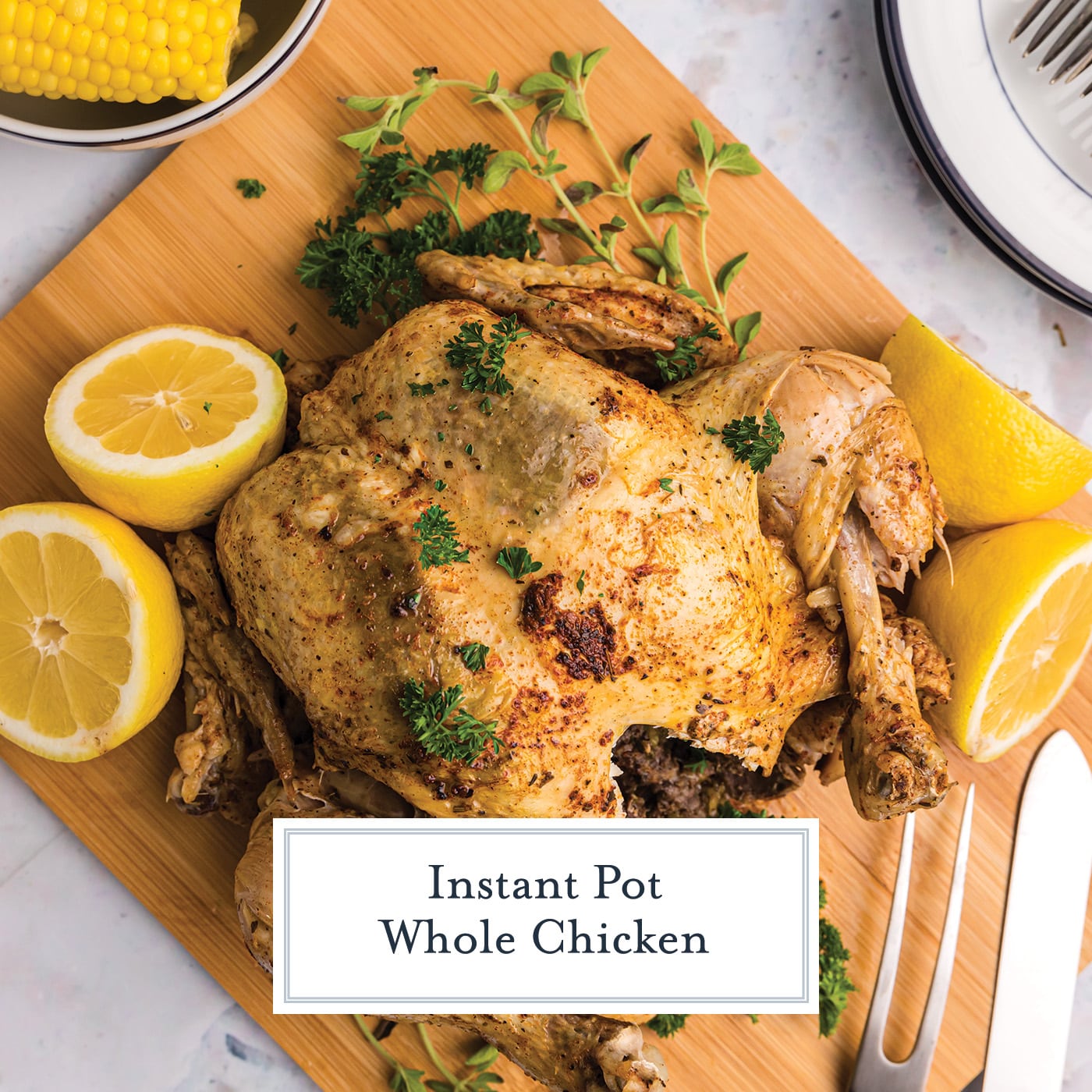overhead shot of instant pot whole chicken on cutting board with text overlay for facebook