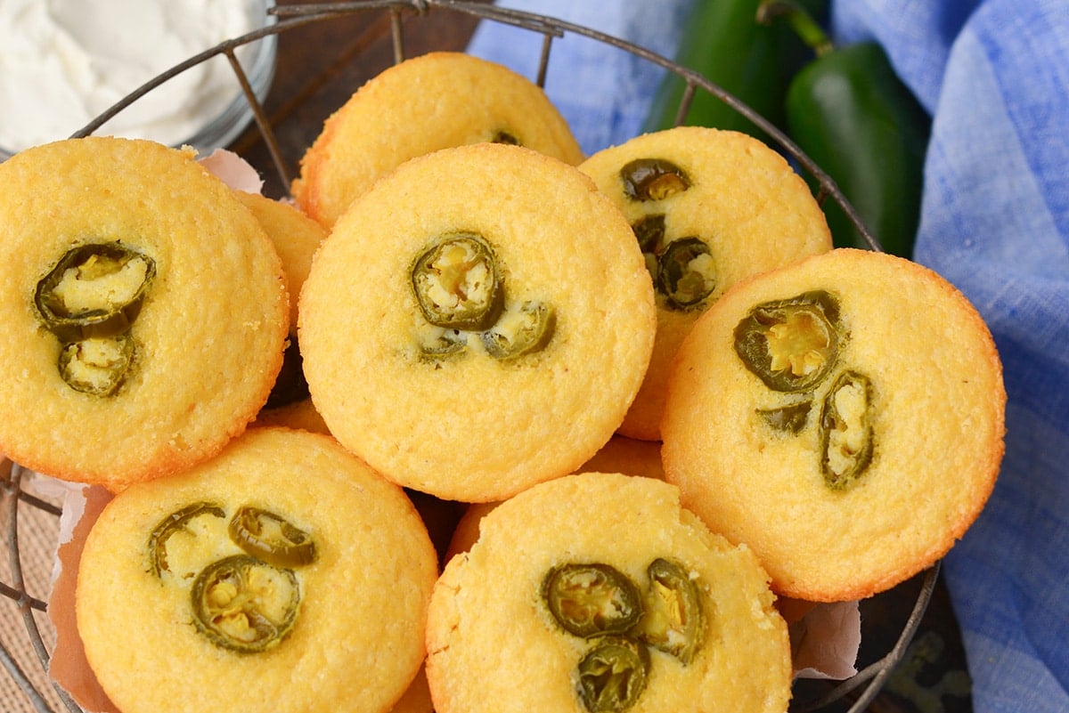 jalapeno cornbread muffins in a basket