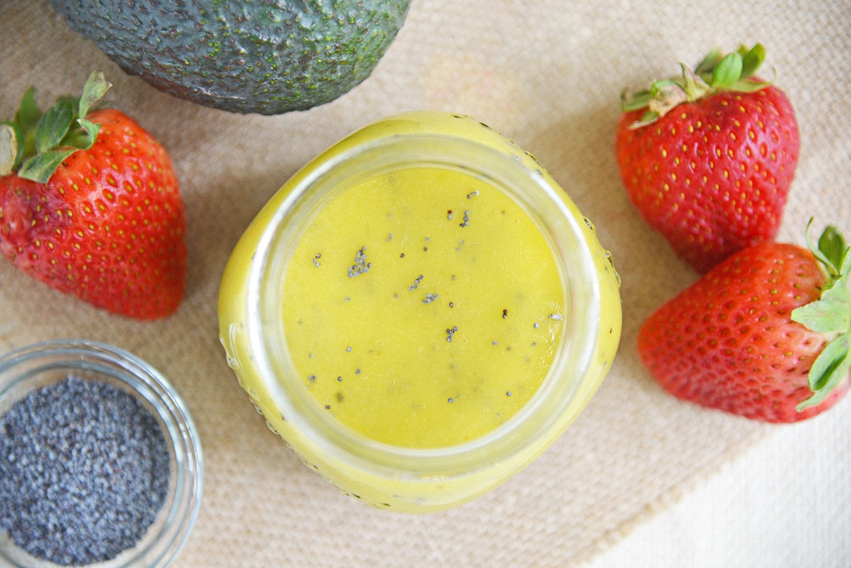 overhead shot of jar of poppy seed dressing