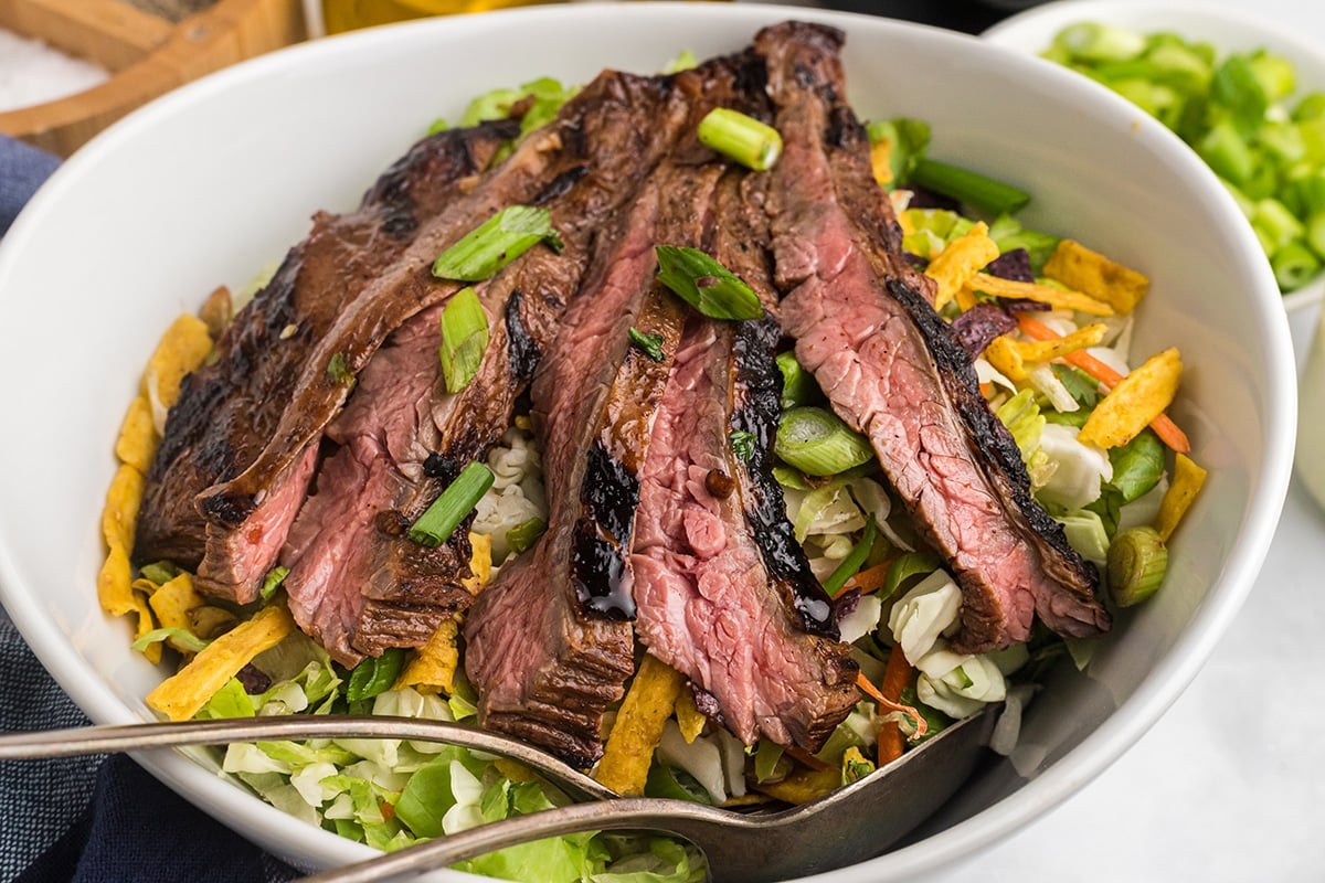 close up of sliced skirt steak marinade