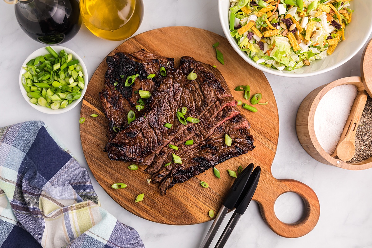 overhead shot of skirt steak marinade on cutting board