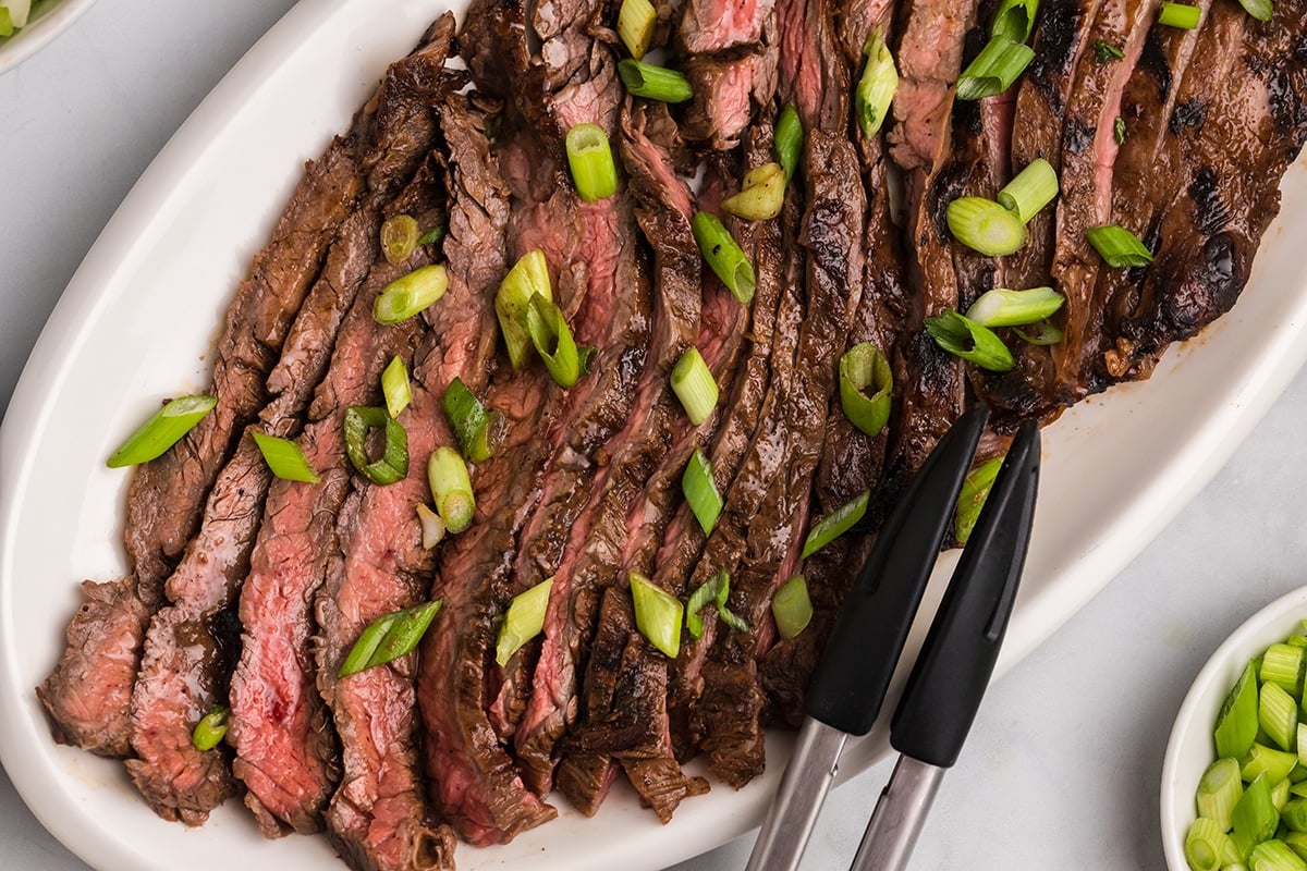 overhead shot of sliced skirt steak