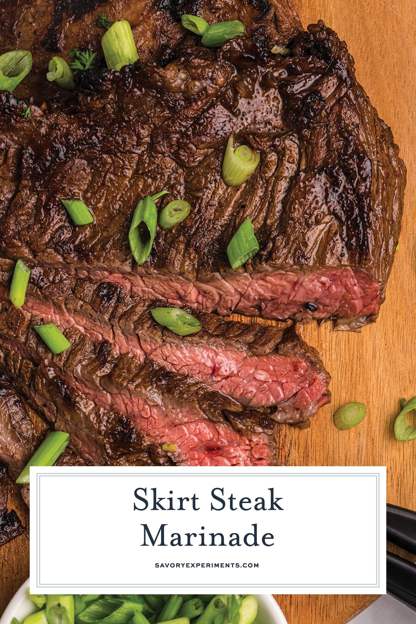 overhead shot of sliced skirt steak with text overlay for pinterest