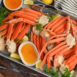 overhead shot of tray of snow crab legs