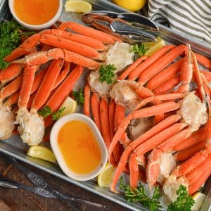 overhead shot of tray of snow crab legs