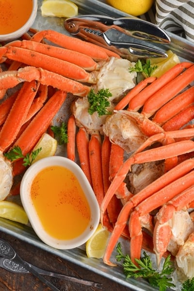 overhead shot of tray of snow crab legs