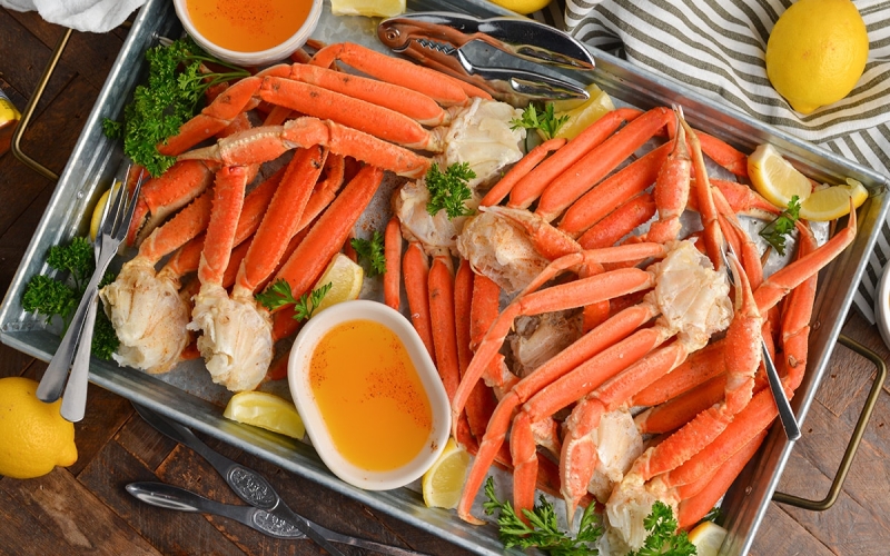 overhead shot of tray of snow crab legs