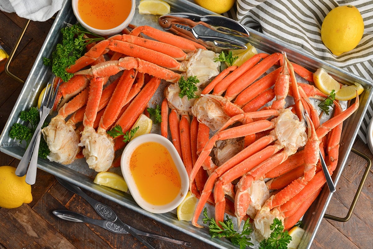 overhead shot of tray of snow crab legs