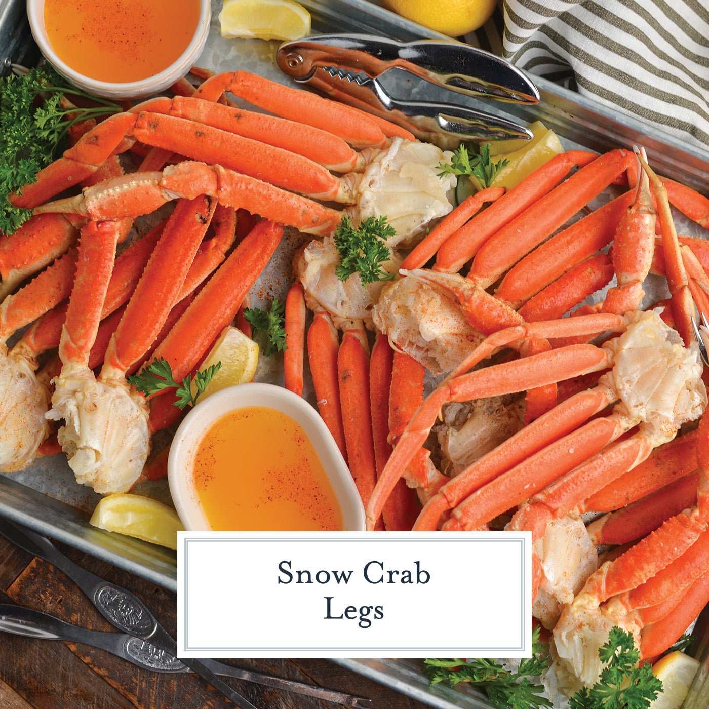 angled shot of snow crab legs on tray with text overlay for facebook
