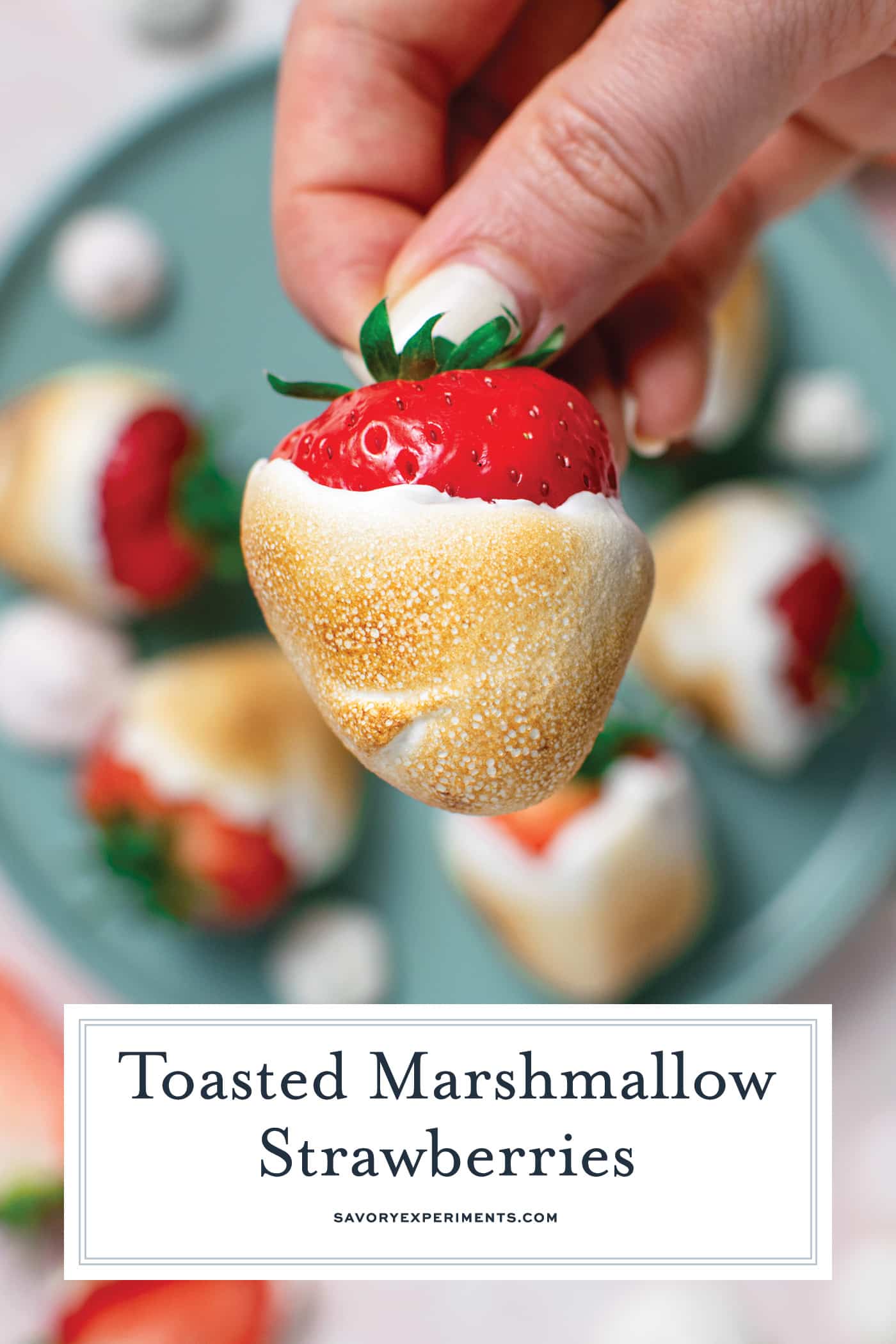 hand holding toasted marshmallow strawberry with text overlay for pinterest