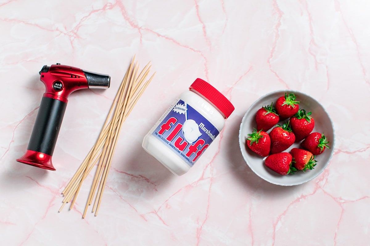 overhead shot of toasted marshmallow strawberries ingredients