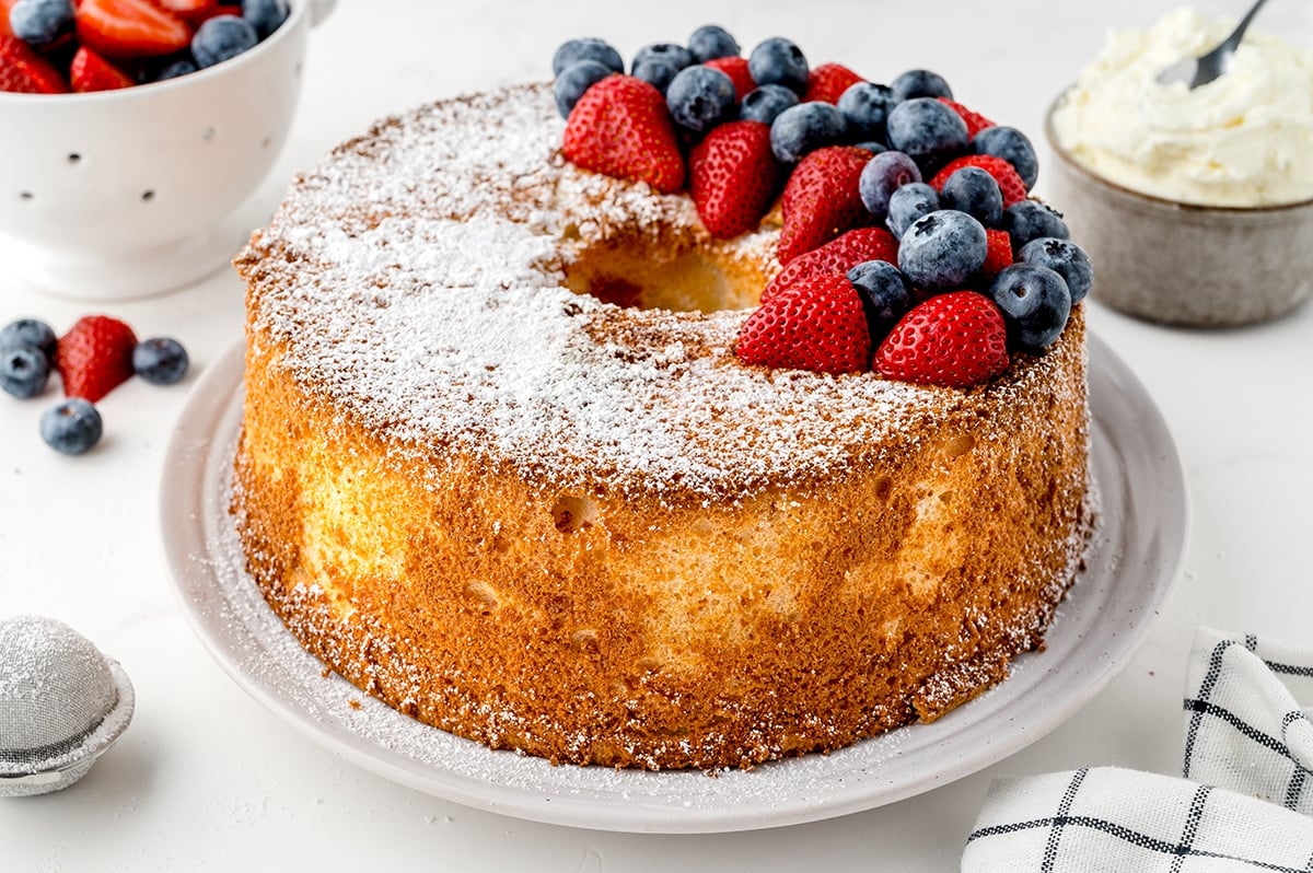 angled shot of angel food cake