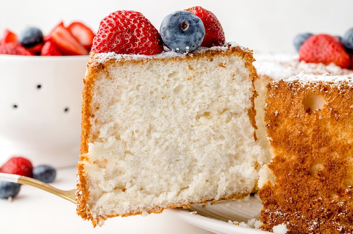 slice of angel food cake on spatula