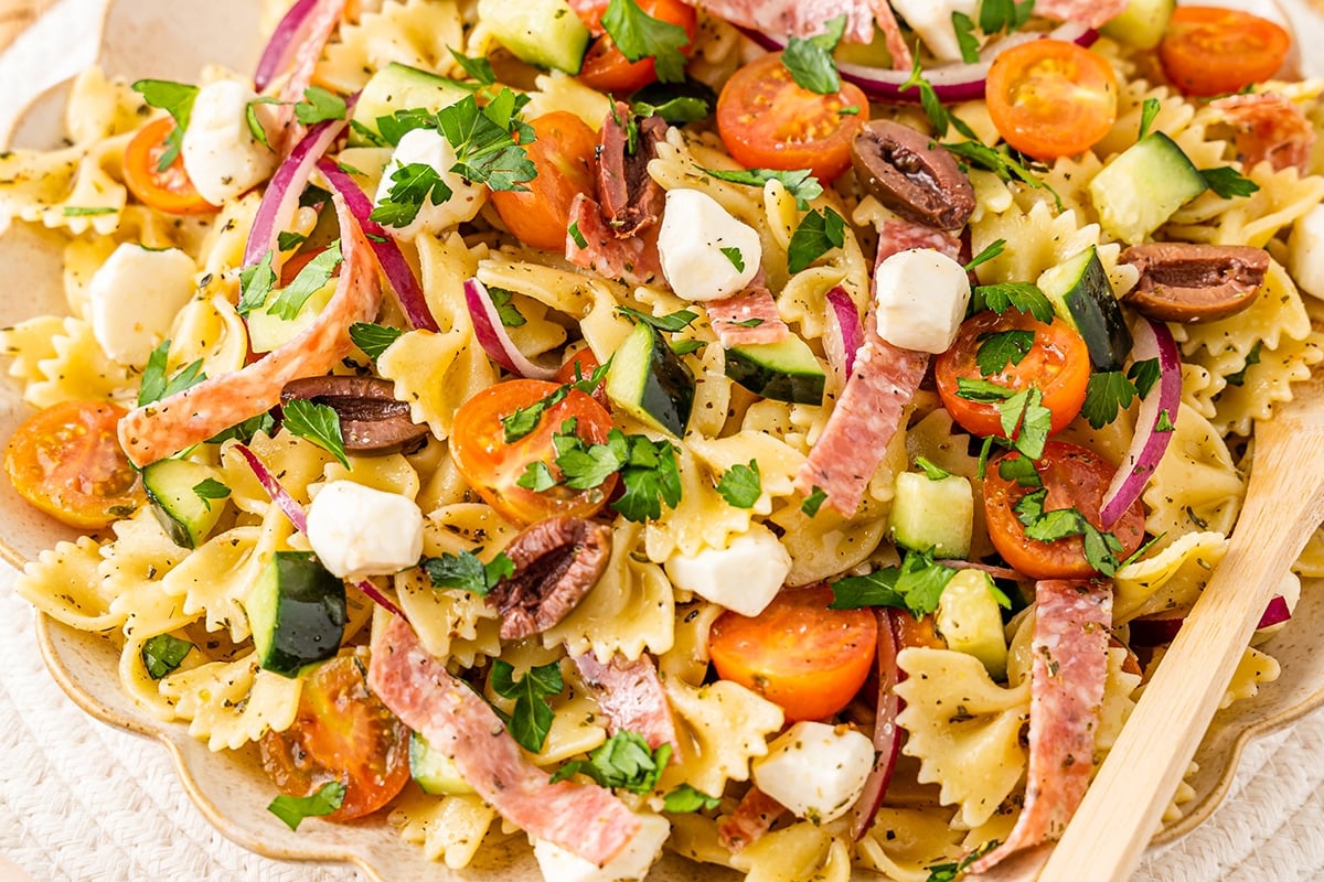 angled shot of italian pasta salad