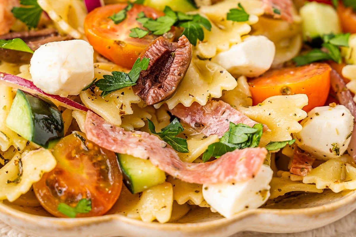 close up angled shot of antipasto pasta salad