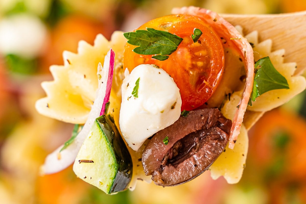 close up of italian pasta salad on spoon