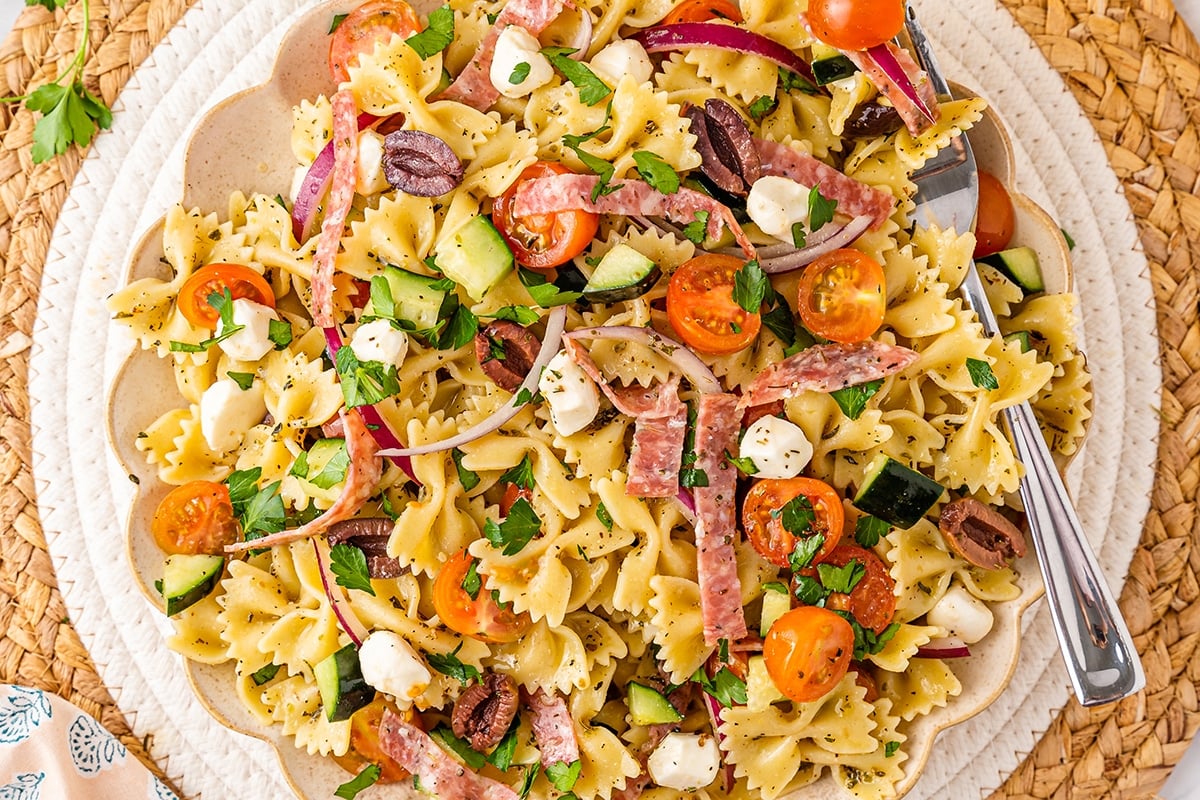 overhead shot of antipasto pasta salad in bowl