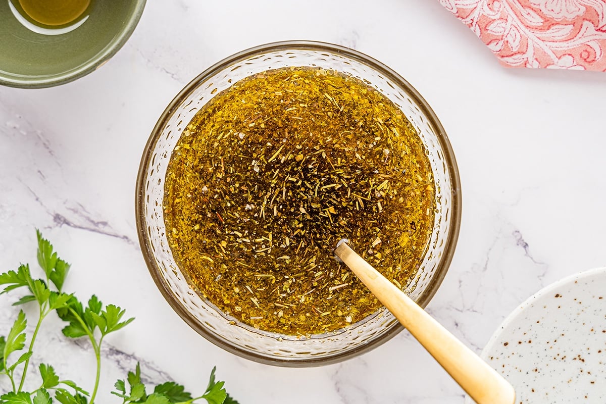 overhead shot of italian dressing in a bowl