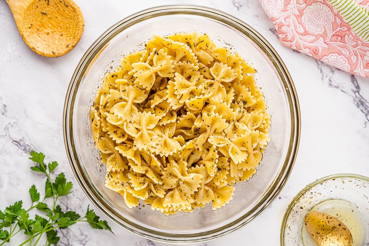 cooked pasta mixed with italian dressing