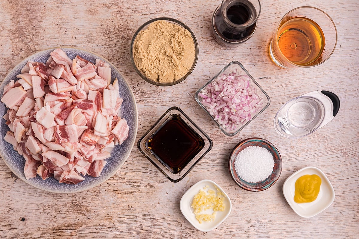 overhead shot of bourbon bacon jam ingredients