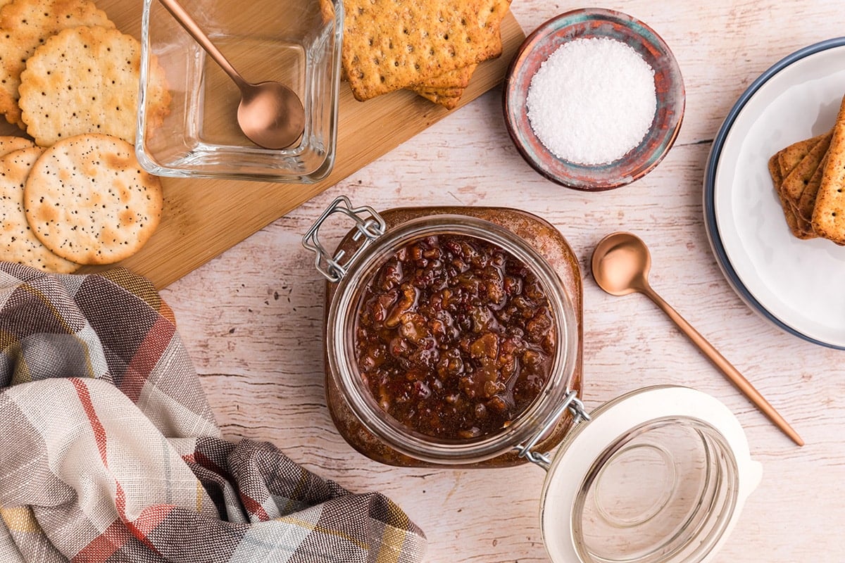 overhead shot of jar of bacon jam